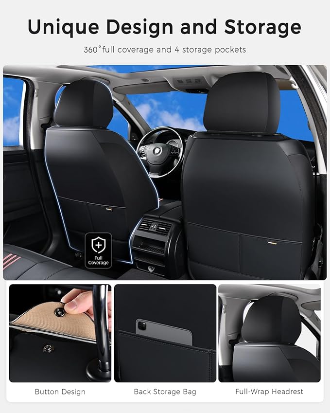 Huidasource Car Seat Cover, Seat Covers Nappa Leather with Lumbar Support, Side Elastic Fabric, Velcro Adjustable, Airbag, Ventilation Heating, Universal Fit for Most Cars SUV Trucks, Black＆Pink