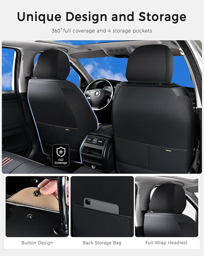 Huidasource Seat Covers, Nappa Leather Car Seat Cover with Lumbar Support, Ventilation Holes, Velcro Adjustable, Airbag, Full-Coverage Seat Covers, Universal Fit for Most Cars SUV Trucks, Black＆ Pink