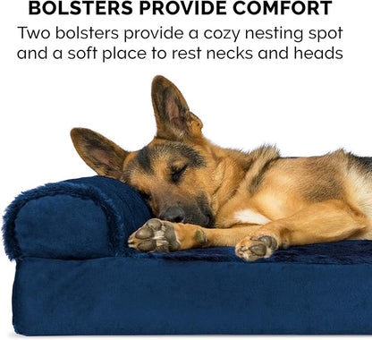 Furhaven Memory Foam Dog Bed for Large Dogs w/ Removable Bolsters & Washable Cover, For Dogs Up to 95 lbs - Plush & Velvet L Shaped Chaise - Deep Sapphire, Jumbo/XL