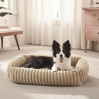 FURTIME Dog Bed for Small Medium Dog, Washable Orthopedic Pet Bed with Removable Cover, Rectangle Soft Calming Sleeping Puppy Bed Durable Pet Cuddler with Anti-Slip Bottom, Beige, M (25"x21"x7")