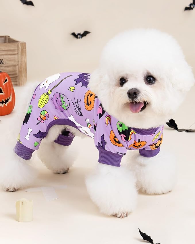 XPUDAC Halloween Dog Clothes Comfy Strechy Puppy Pajamas Cute Pet Onesies for Small Medium Dogs Boy Girl Cat Apparel Pet Outfit Purple, 223-L