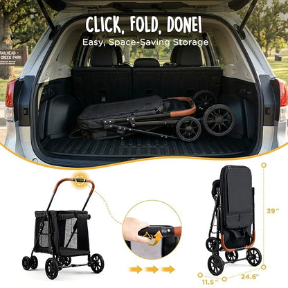 CANINE CANYON Scout Pet Stroller, Heavy Duty Dog Stroller for Small & Medium Dogs, Foldable Pet Stroller with All-Terrain Wheels, Breathable Mesh, Storage Pocket & Cup Holder, 55 lbs Capacity, Black
