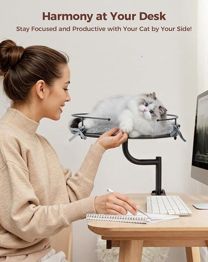 Cat Desk Bed, 360°Rotation & Height Adjustable Cat Bed for Desk Holds up to 40lbs, Machine-Washable Plush Cover