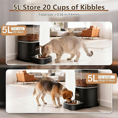 Automatic Cat Feeder, WiFi Cat Feeder Automatic with App Control for Remote Feeding, 5L Anti-Jamming Automatic Feeder Cat Dry Food, Dual Power Supply with Desiccant Bag Indoor