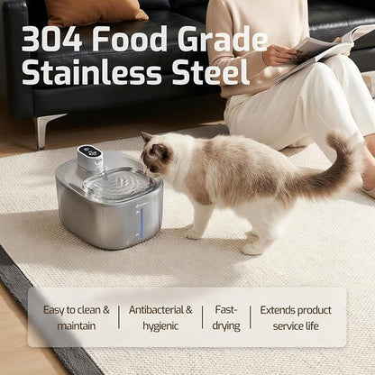 Wireless Cat Water Fountain Stainless Steel,135floz/4L Battery Operated Automatic Pet Fountain,Cordless Cat Water Dispenser Pet Drinking Water Fountain for Multicat Cats Dog Outdoor