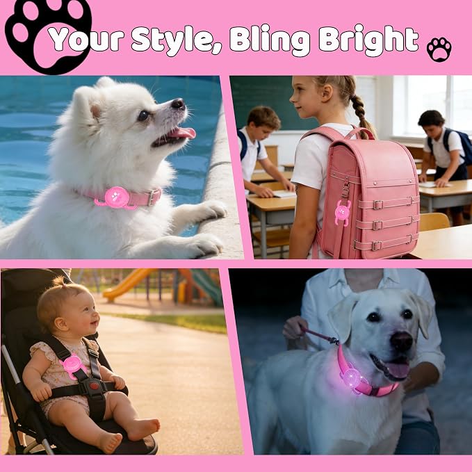 SANKALA Luminous Airtag Dog Collar Holder, Pink Glitter, 1 Pack | Glittery, Waterproof, Silicone Full Body Covered Anti-Lost Protective, Fits All Width Pet Collars, for Airtag 1st and 2nd Gen