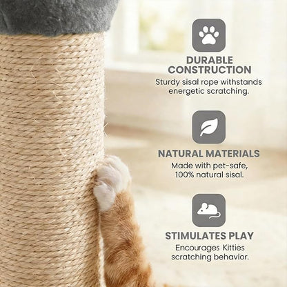 Cat Scratching Post for Small Space, 22'' Scratching Posts for Indoor Cats Adults, Extra Wide 13.4" Stable Base & Natural Sisal, Cute Cat Scratching Post with Short Plush Fabric for Large Cats, Gray