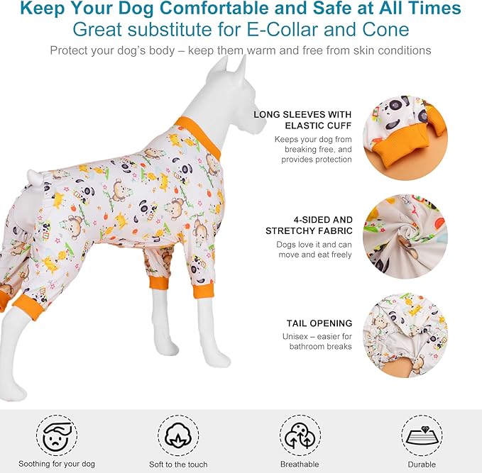 LovinPet Labrador Pajamas - Pet Anxiety Relief Shirt, Dog Pajamas, UV Protection Comfy Stretchy Fabric, White Animal Print, Large Dog Pjs, Pitbull Clothes, Surgical Recovery Shirt, Orange M