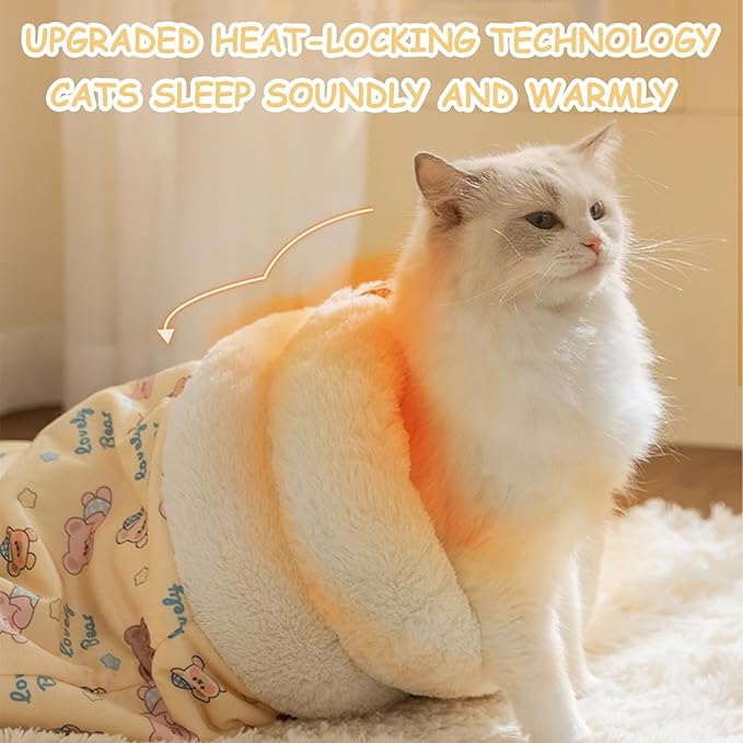 Cat Sleeping Bag, Cat Sleeping Bag for Indoor Cats Self Heating Cozy Winter Soft Plush Self Warm Kittens Indoor Sack 360°Wrap Comfortable Pet Snuggle Sack for Cats up to 8kg/17.6lb (Brown Bear)