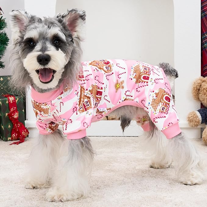 XPUDAC Dog Christmas Pajamas Stretchy Dog Clothes for Small Medium Dogs Girl Christmas Puppy Outfit Pet Jumpsuits Pjs Winter Cat Costume, Pink, XS