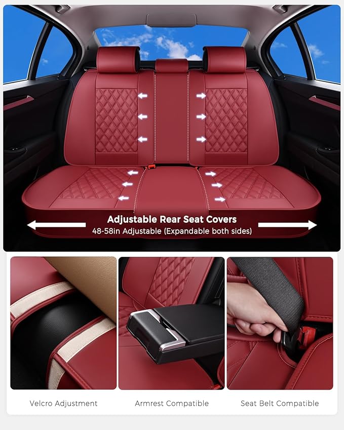 Huidasource Red Seat Covers, Nappa Leather Car Seat Covers, Automotive Seat Covers Velcro Adjustable, Compatible with Airbags, Child Seat, Fit for Most Cars, Vans, Trucks, SUVs (Full Set/Red)