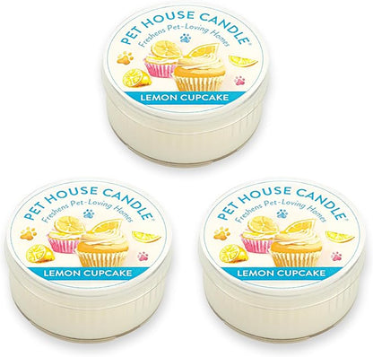 One Fur All Pet House Mini Candles for Pet Odor Made with Natural Soy Wax, Plant Based, Dog and Cat Friendly Scented Candles, Lemon Cupcake Pack of 3