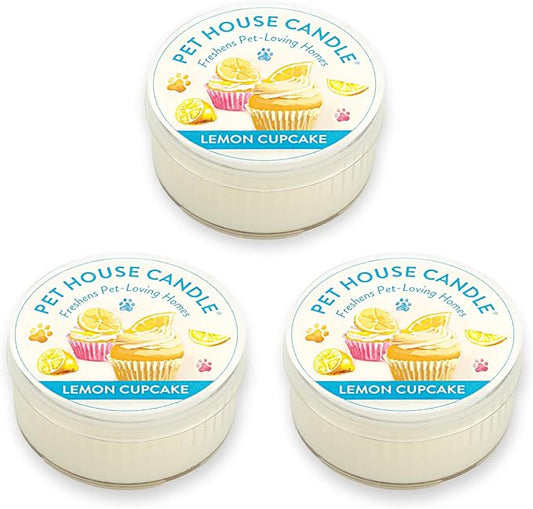 One Fur All Pet House Mini Candles for Pet Odor Made with Natural Soy Wax, Plant Based, Dog and Cat Friendly Scented Candles, Lemon Cupcake Pack of 3