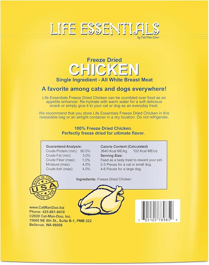 Life Essentials by Cat-Man-Doo Freeze Dried Chicken Dog & Cat Treats, Healthy Single Ingredient Training Treats for Dogs, Puppies & Cats, Made with Real Chicken – 5 oz (6 Pack)