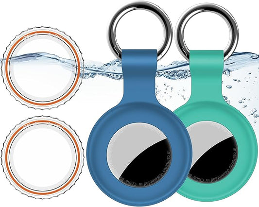 1|2|4Pack for Apple AirTag Holder,for Air Tag 2nd &1st Genaretion,Waterproof GPS Tracker Air Tag Keychain with Cover Anti-Scratch Silicone for Air-Tag Case for Pets,Kids,Bags,Luggages-Blue+Green