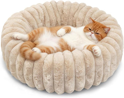 Small Pet Bed for Indoor Cats and Puppy - Washable Donut Extra Small Dog Beds for Small Dogs with Anti Slip Bottom, Fluffy Calming Round Bed for Puppy & Kitten Cozy Sleep, Beige, XS -19 Inch
