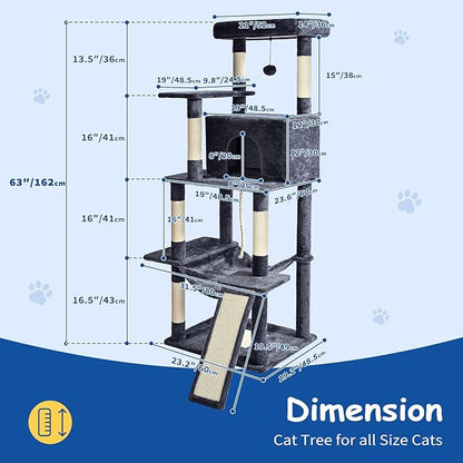 Cat Craft Cat Tree 63 Inch Cat Tower for Indoor Cats, Multi-Level Cat Tree for Large Cats 20 lbs+ Heavy Duty Cat Tower with Sisal Scratching Posts, Hammock, Condo and Extended Platform, Dark Grey