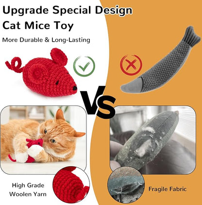 Retro Shaw Catnip Toys Crochet Mouse 6 Pcs - 100% Natural Catnip & Silvervine Blend Yarn Cat Nip Mice, Durable Hand-Knitted Teething Chew Toy for Indoor Cats & Kittens, Interactive Play & Dental Care