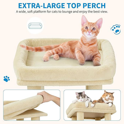 GarveeLife 61" Multi-Level Cat Tree for Indoor Cats, Heavy-Duty Tower for Large Adult & Maine Coon Cats with Oversized Perch, Dual Condos, Natural Sisal Scratching Posts & Play Toys – Beige