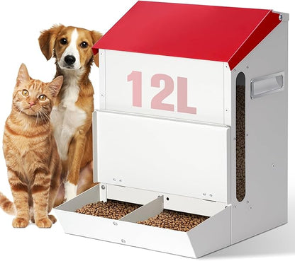 Automatic Cat Feeder 2 Cats,50cups/12L Automatic Pet Feeders Large Capacity Outdoor Galvanized Steel Multiple Cats Feeder Gravity Dog Dry Food Dispenser with Lid