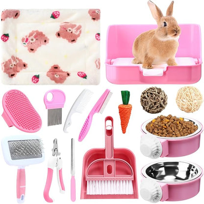 Reallnaive 15 Pcs Rabbit Starter Kit Small Rabbit Litter Box Girls Gift Animal Grooming Kit Bunny Toys Bowl Blankets with Cleaning Set for Guinea Pig Accessories(Pink)
