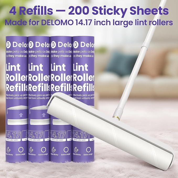 DELOMO 14.17” Large Lint Roller Refills, 4 Packs, 200 Extra Sticky Sheets | Sticky Roller Refills, Easy Tear Sheets, Compatible Only with DELOMO 14.17” Lint Roller, Floors, Carpets, Couches, Pet Hair