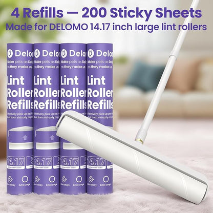 DELOMO 14.17” Large Lint Roller Refills, 4 Packs, 200 Extra Sticky Sheets | Sticky Roller Refills, Easy Tear Sheets, Compatible Only with DELOMO 14.17” Lint Roller, Floors, Carpets, Couches, Pet Hair