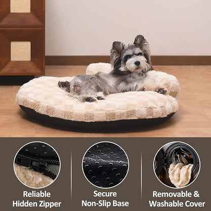 Orthopedic Dog Bed for Medium Small Dogs and Cats Calming Pillow Pet Couch Sofa Puppy Bed with Removable Washable Cover Oval 3D Checkered Plush Pet Furniture 30x25x7 Indoor Beige