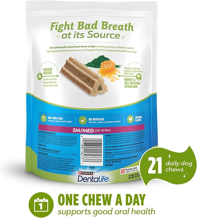 Dentalife ActivFresh Dog Chews for Small and Medium Dogs 20-40 lbs., Dental to Freshen Breath, Chicken Flavor, 15.5 oz., 21-21 ct. Pouch (Pack of 2)