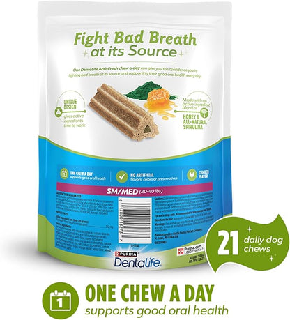 Dentalife ActivFresh Dog Chews for Small and Medium Dogs 20-40 lbs., Dental to Freshen Breath, Chicken Flavor, 15.5 oz., 21-21 ct. Pouch (Pack of 2)