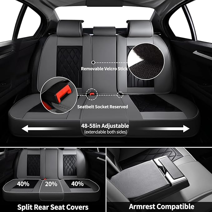 FLORICH Car Seat Covers Full Set, Leather Car Seat Protector, Waterproof Automotive Seat Cover with Anti-Slip Padded, Airbag Compatible, Universal Seat Covers Fit for Most Car - Gray&Black