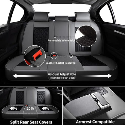 FLORICH Car Seat Covers Full Set, Leather Car Seat Protector, Waterproof Automotive Seat Cover with Anti-Slip Padded, Airbag Compatible, Universal Seat Covers Fit for Most Car - Gray&Black
