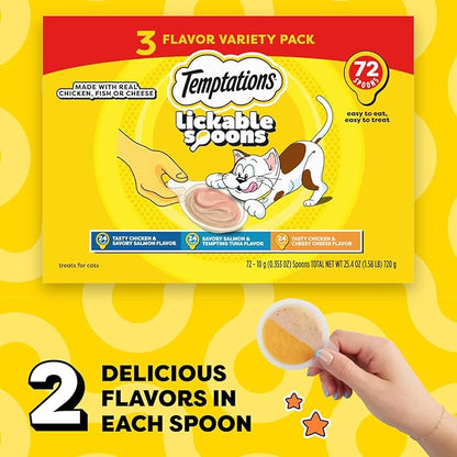 Temptations Lickable Spoons, Soft Lickable Cat Treats, Adult Wet Cat Treats, Variety Pack, 72 Spoons