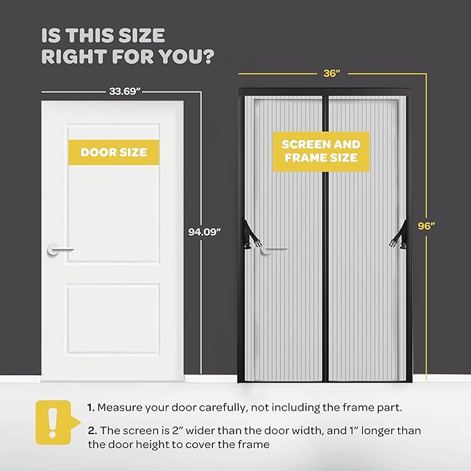 Hands-Free Magnetic Screen Door, Heavy Duty, Self Sealing Screen Door Mesh Protector, Pet and Kid-Friendly, Stay-Open Buckle, Keeps Bugs Out While Letting Nature in, Fits Door Size (36" x 96")