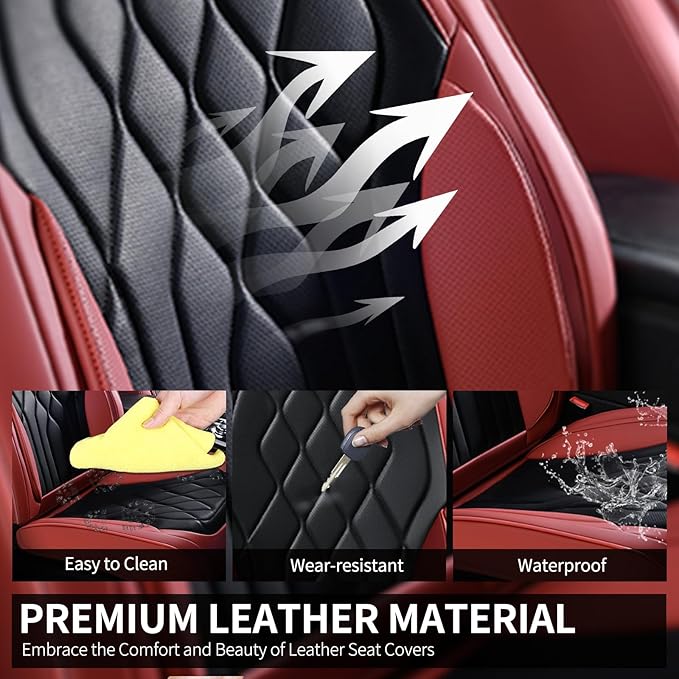 FLORICH Automotive Seat Covers Full Set, Leather Car Seat Protector, Waterproof Seat Covers for Cars, Black and Red Seat Protector Universal Fit Most Vehicles (Red&Black)