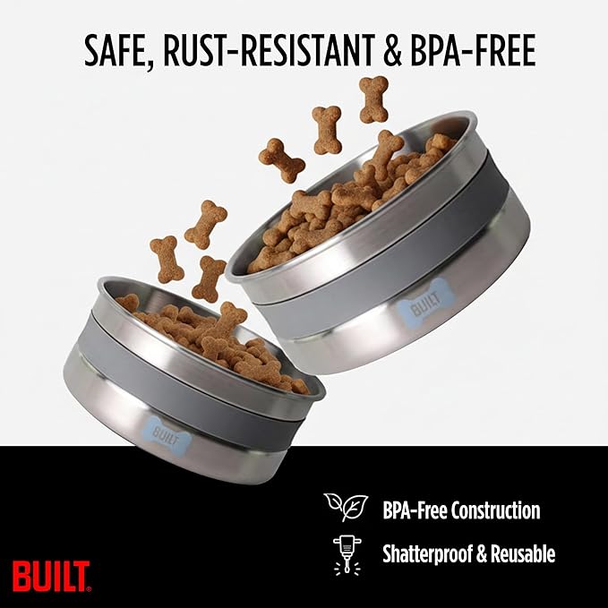 BUILT Dog Bowl - 64 Oz Stainless Steel Pet Bowl with Soft Grip & Non-Slip Base - Double Wall 18/8 Steel Food & Water Dish for Dogs & Cats, Durable, Easy to Clean & Ideal for Daily Feeding