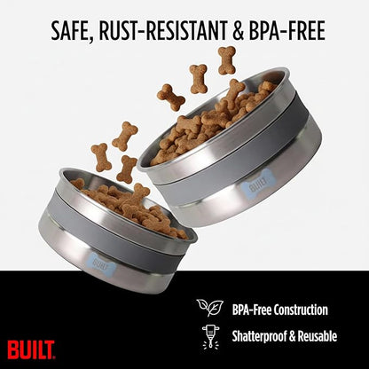 BUILT Dog Bowl - 64 Oz Stainless Steel Pet Bowl with Soft Grip & Non-Slip Base - Double Wall 18/8 Steel Food & Water Dish for Dogs & Cats, Durable, Easy to Clean & Ideal for Daily Feeding