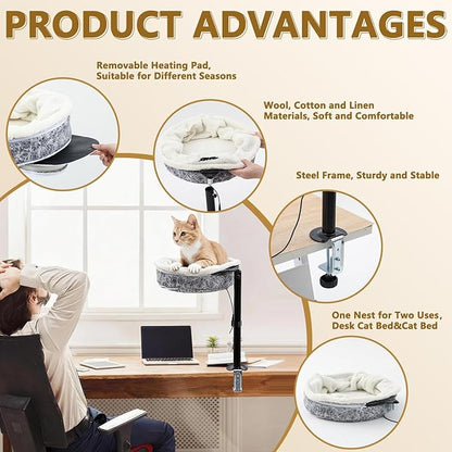 AceOrbit Cat Desk Bed with Removable Heating Pad, Space-Saving Cat Perch for Office & Gaming Desks, 40lbs Capacity, 4-Season Cats Bed for Indoor