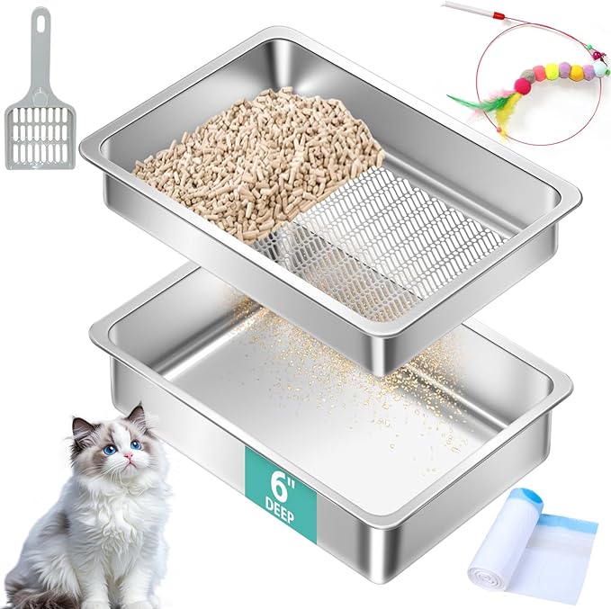 Stainless Steel Sifting Litter Box for Pine Pellets,Sifting Cat Litter Box for Wood Pellets,Large Sifter Litter Pan System with Litter Liners and Scoop-17.72'' L x13.78'' W x6''H