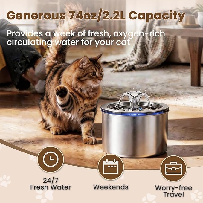 Cat Water Fountain Stainless Steel, 74oz/2.2L Automatic Pet Fountain with USB Pump & Replacement Filters, Ultra Quiet Indoor Water Dispenser for Cats, LED Monitoring Water Level