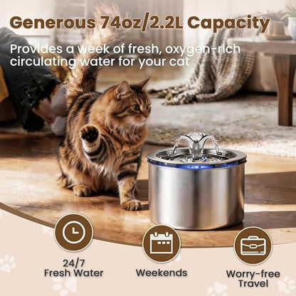 Cat Water Fountain Stainless Steel, 74oz/2.2L Automatic Pet Fountain with USB Pump & Replacement Filters, Ultra Quiet Indoor Water Dispenser for Cats, LED Monitoring Water Level