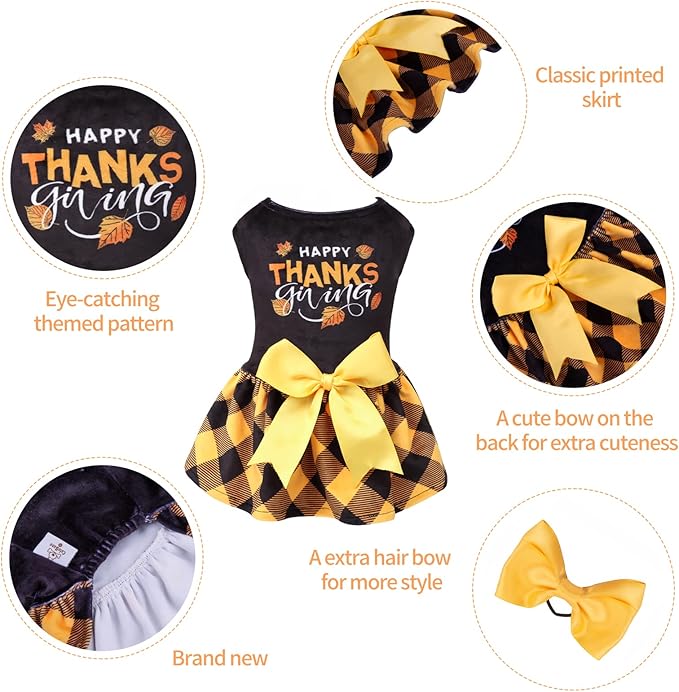 CuteBone Happy Thanksgiving Day Dog Fall Dress Costume Velvet for Small Dogs Girl Puppy Dresses Yellow Plaid Dog Clothes CVA03XXS-D
