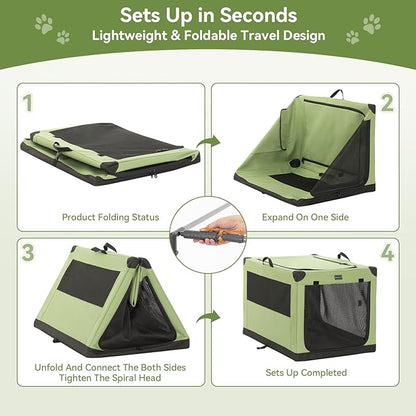 PETSFIT 30" Soft Portable Dog Crate – Patented Spiral Sturdy Frame, Collapsible Travel Kennel for Medium Dogs, 3 Mesh Door, Lockable Zippers, Indoor & Car Use Green