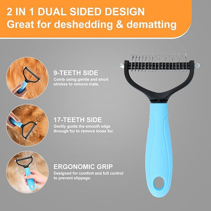 Cat & Dog Grooming Gloves for Shedding Brushes 1 Pair and Pet Grooming Rake 1PC, Double Sided Dematting, Deshedding Brush & Massage, Safe for Dogs & Cats