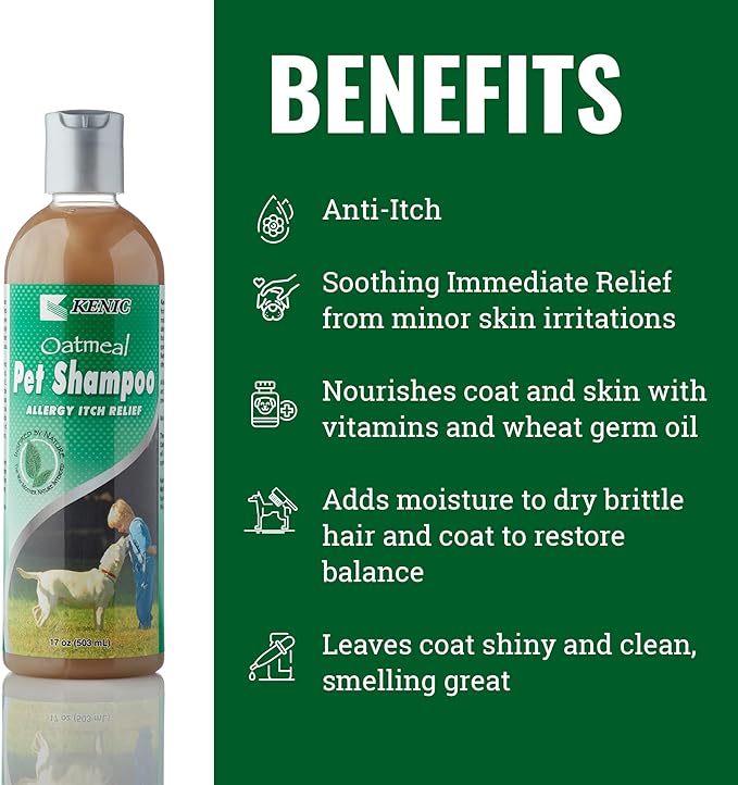 Kenic Oatmeal Anti-Itch Pet Shampoo with Almond Oil – Soothing, Conditioning & Deodorizing Relief for Dogs & Cats, Puppy-Safe, Made in USA