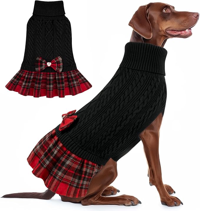 KYEESE Dog Sweater Stretchy Knitwear Dog Sweaters for Large Dogs Thick Dogs Clothes Soft Turtleneck Pet Sweater Dress with Bowtie Warm Comfy Pet Coats, Black, XXX-Large
