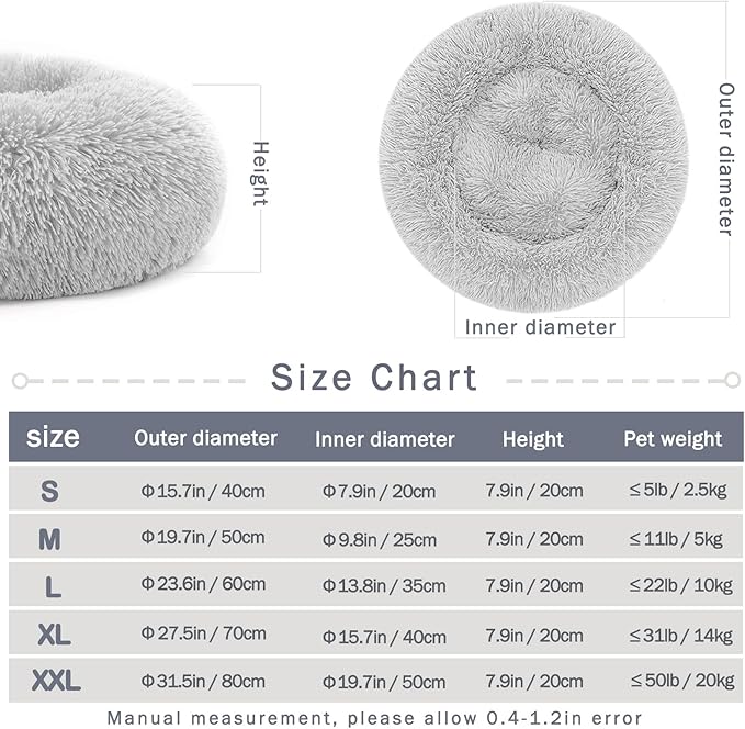 Calming Dog Cat Donut Bed - 23.6" Washable Fluffy Dog Beds, Round Cute Cat Beds for Indoor Cats, Anti Anxiety Plush Cuddler Dog Pillow, Pet Cushion for Small Medium Dogs, Waterproof Non-Slip Bottom