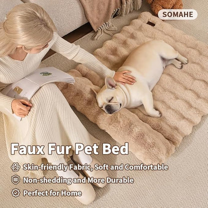 Plush Faux Fur Pet Bed Mat with Non-Slip Bottom, Self-Warming Cat Bed, Washable Pet Bed with Pillow for Cats & Medium Dogs, Machine Washable, 27x20 Inch, Coffee