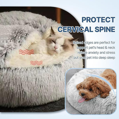 SUOXU Anti-Anxiety Cat Bed, Plush Hooded Cave, 20 in Diameter, Suitable for Small to Medium Pets, Pink