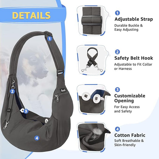 SlowTon Dog Carrier Sling - Thick Padded Shoulder Strap Adjustable Dog Carriers for Small Dogs, Puppy Carrier Purse for Pet Cat with Front Zipper Pocket Safety Belt Machine Washable (Gray, XS)